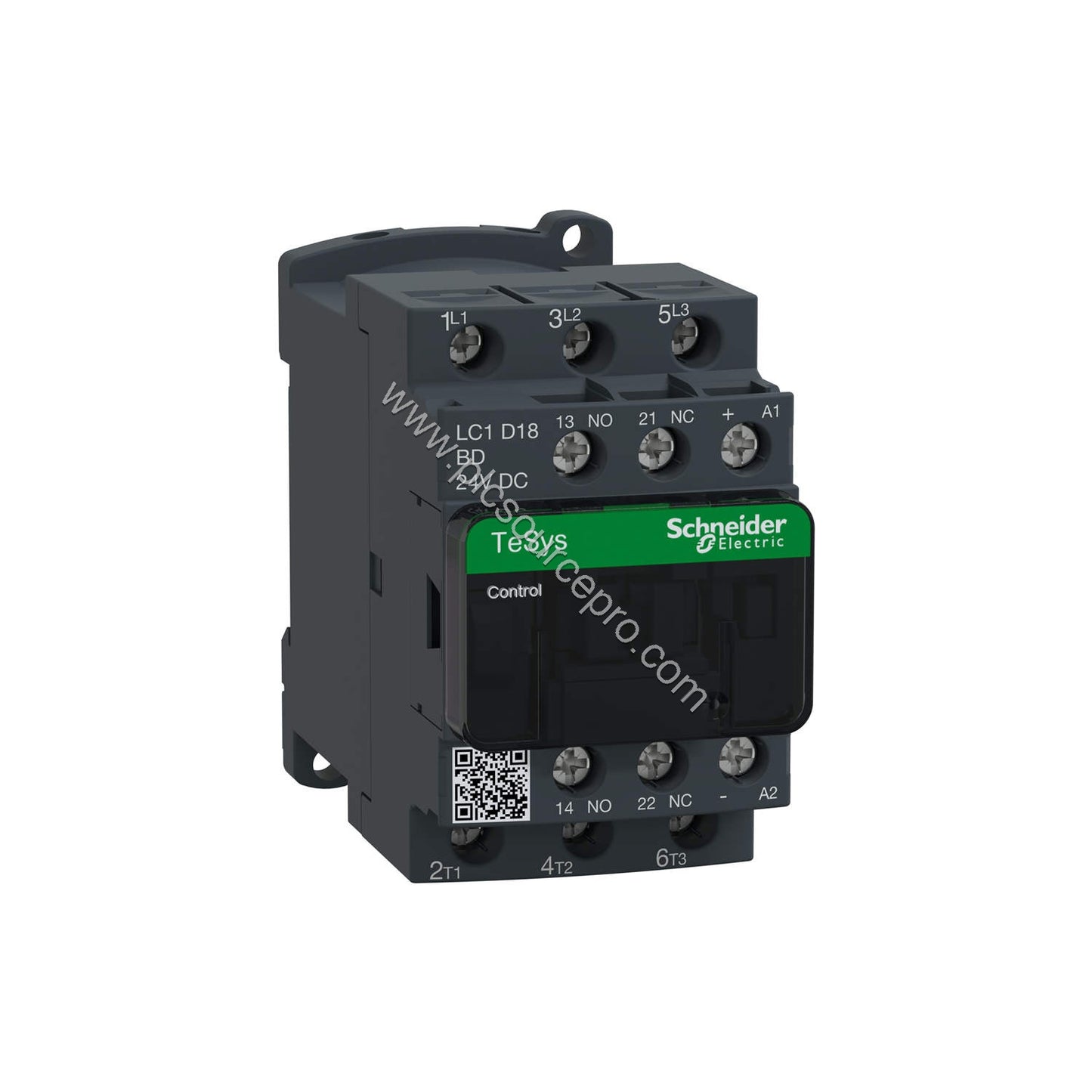 Figure 1: Front view of the Schneider LC1G1854KUEN contactor showing its compact chassis-mount design and box lug terminals f