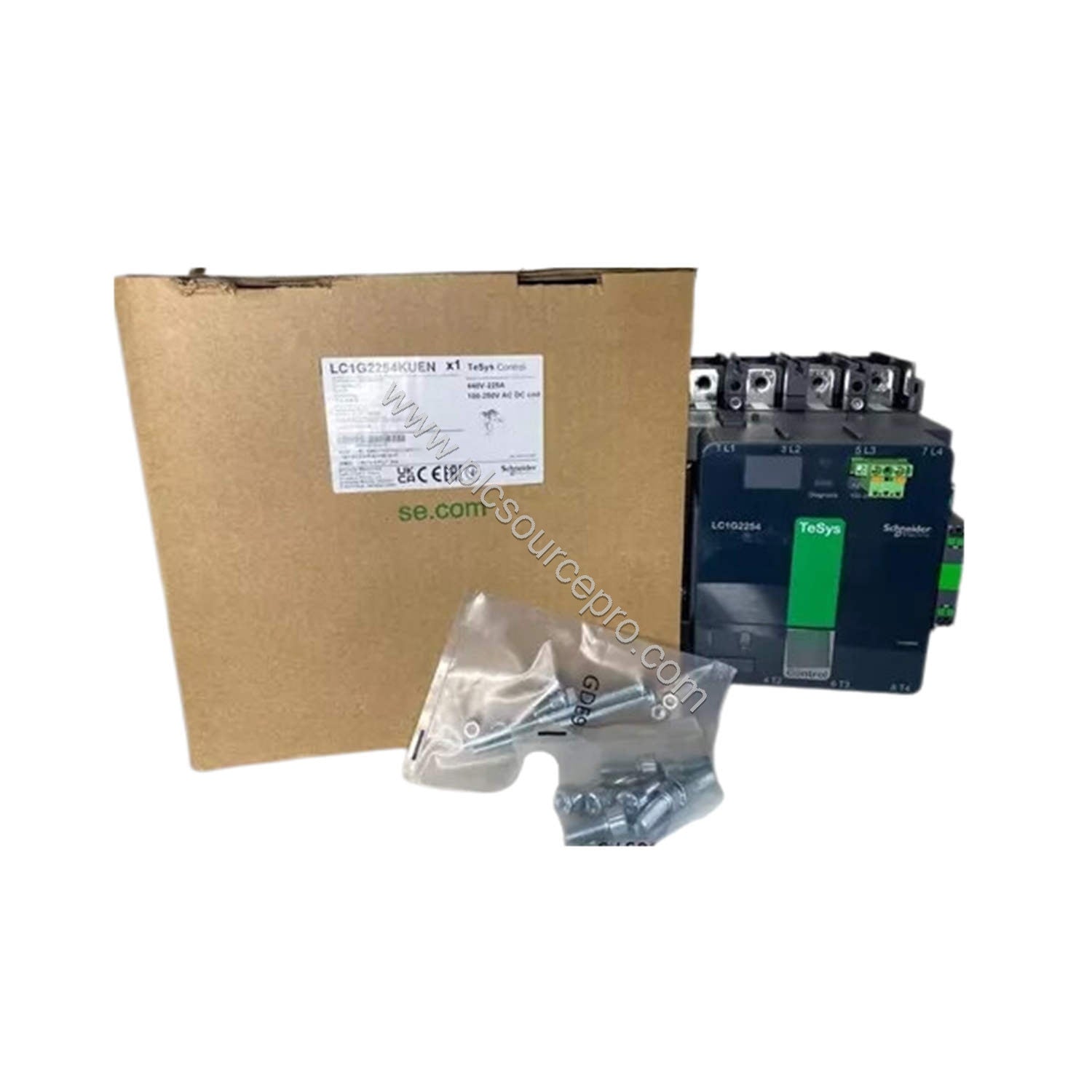 Figure 1: Front view of the Schneider LC1G2254KUEN Industrial Automation Module showing the dark grey housing and large power