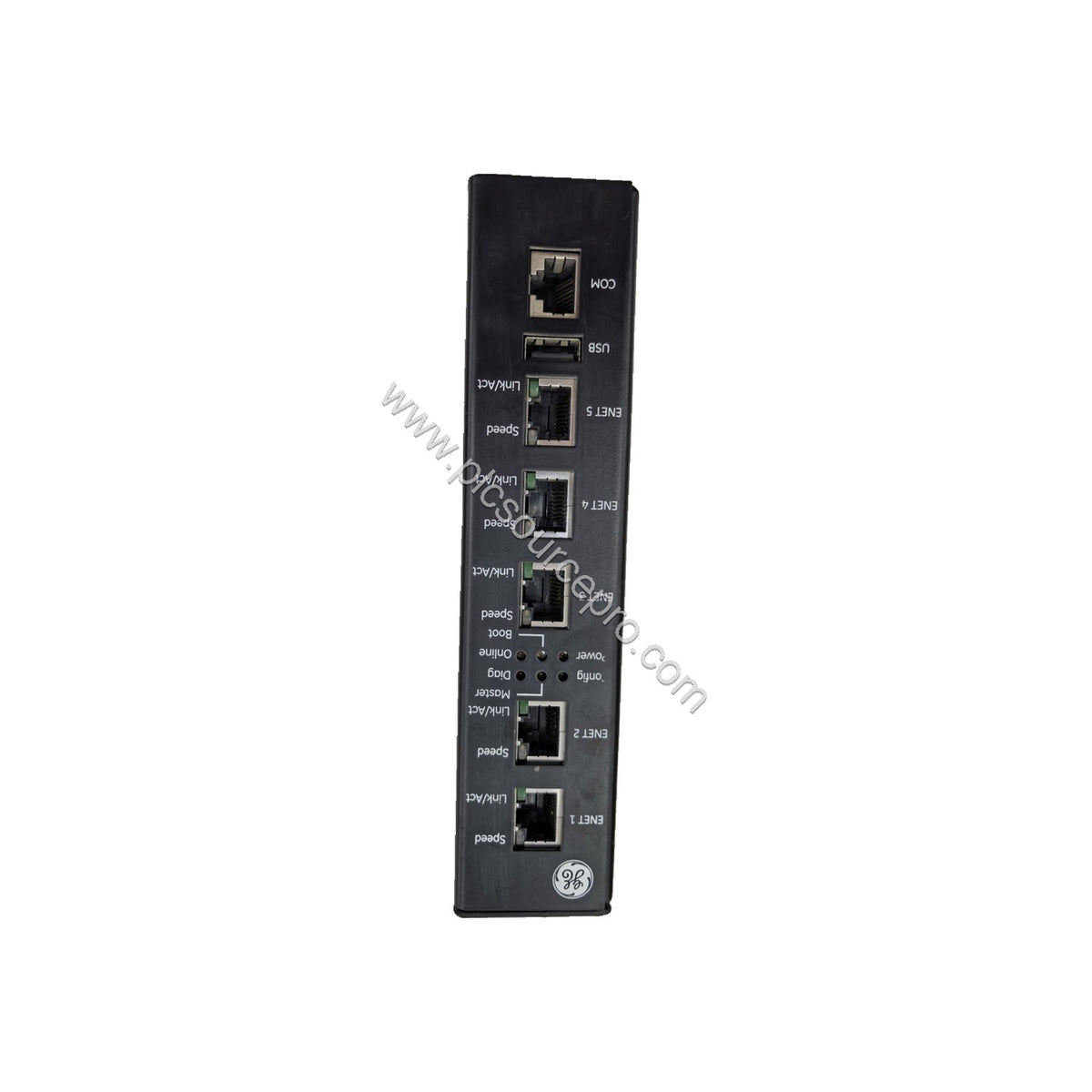 Figure 1: Front view of the GE MPU50 369B1860G0026 Industrial Automation Module showing its compact metal enclosure, status L