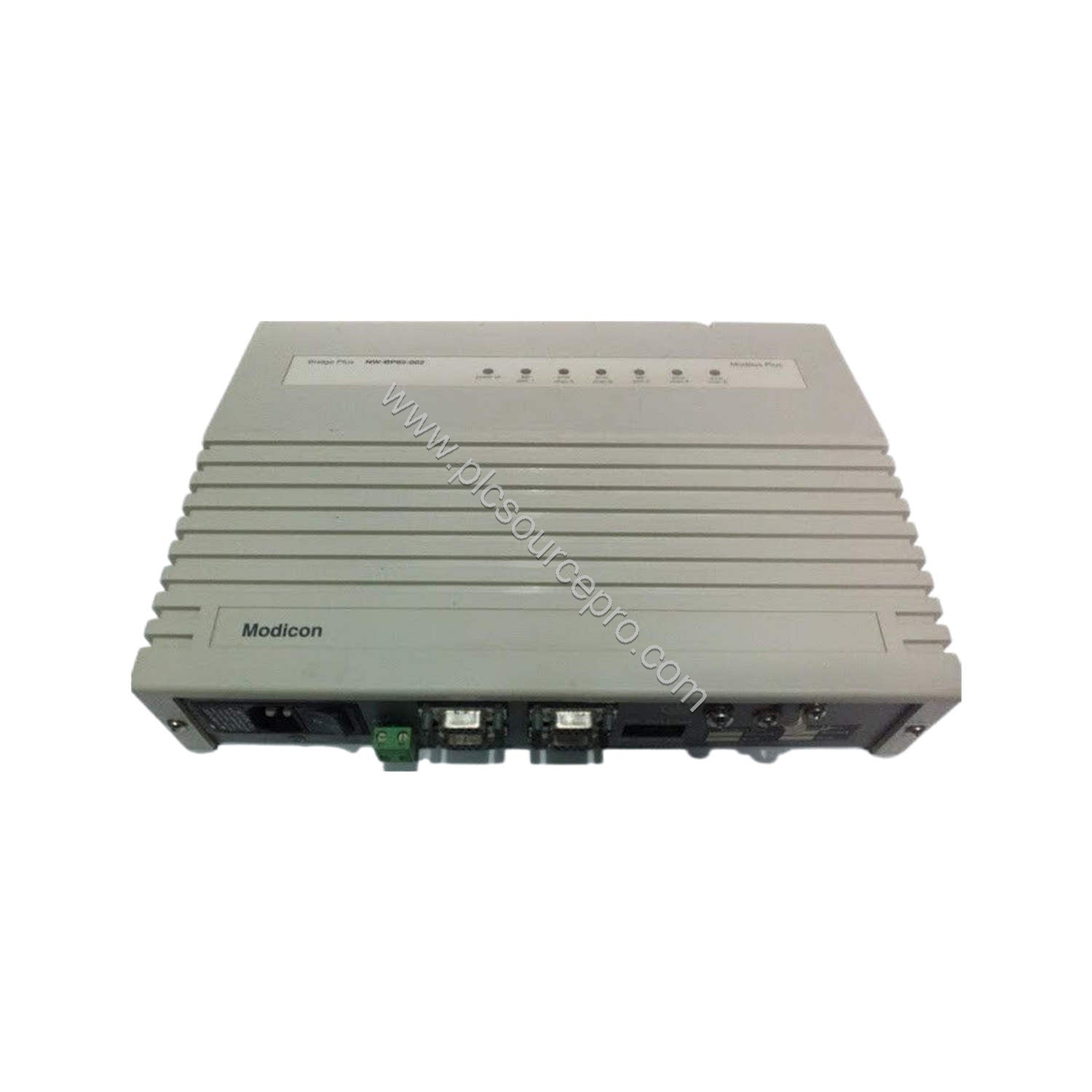 Figure 1: Front view of the Schneider NWBP85002 Modbus Plus Bridge showing its compact industrial enclosure and four communic
