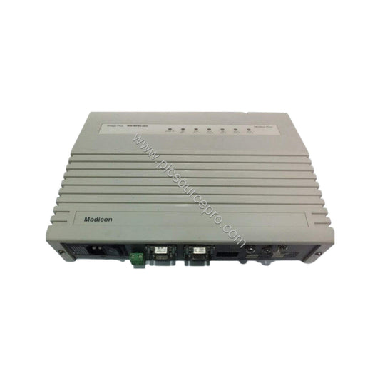 Figure 1: Front view of the Schneider NWBP85002 Modbus Plus Bridge showing its compact industrial enclosure and four communic