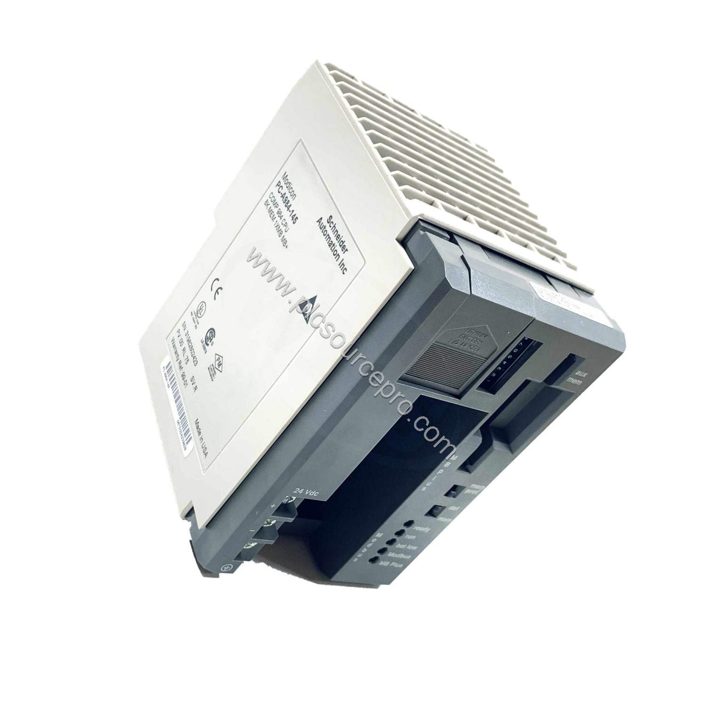 Figure 2: Rear view of the Schneider PC-A984-130 highlighting its RS-232, RS-485, and Ethernet communication ports.
