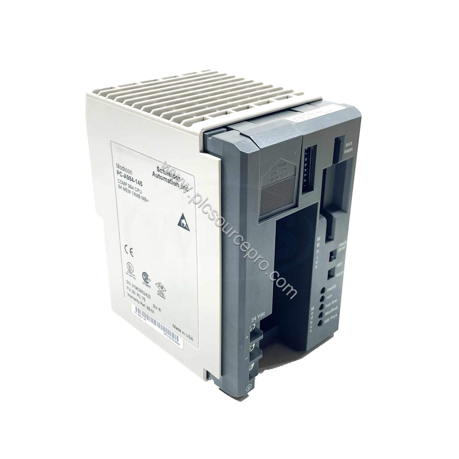 Figure 1: Front view of the Schneider PC-A984-145 Industrial Automation Module showing its compact metal enclosure and status