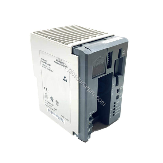 Figure 1: Front view of the Schneider PC-A984-145 Industrial Automation Module showing its compact metal enclosure and status