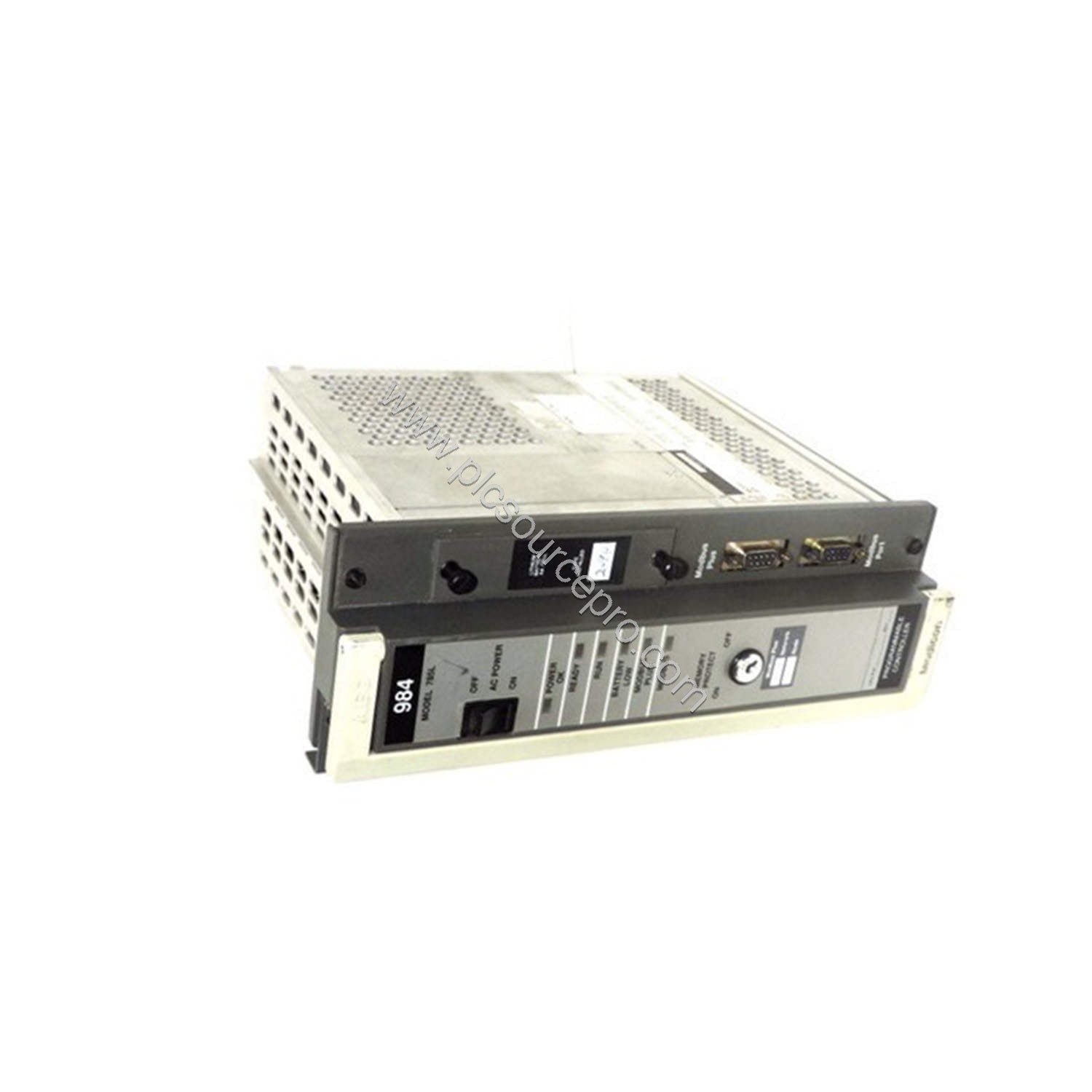 Figure 2: Close-up of the Schneider PC-L984-785 highlighting the Modbus and Modbus+ communication ports and the power supply 