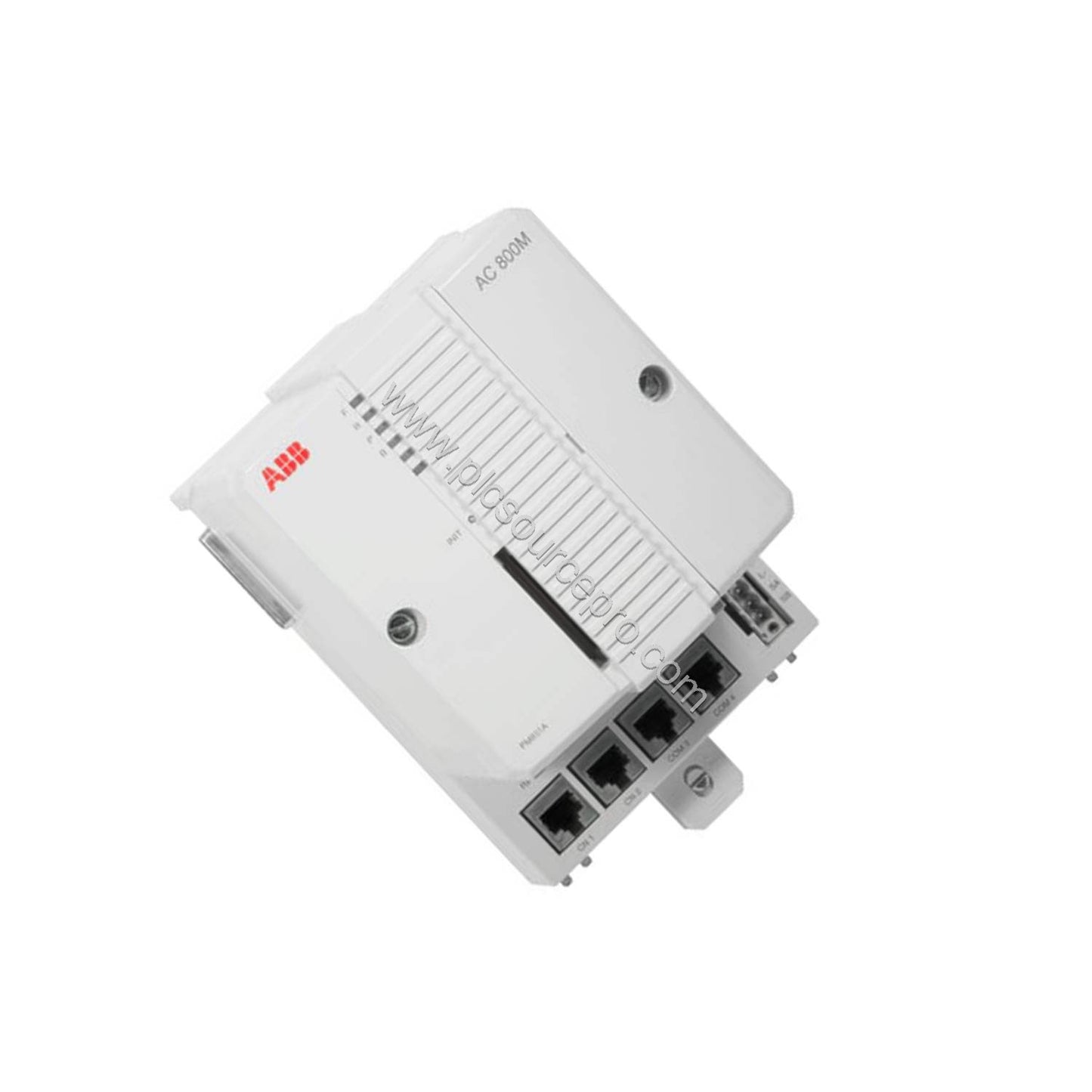 Figure 2: Side view of the ABB PM857K01 controller highlighting its RJ45 Ethernet ports and serial interfaces for network con