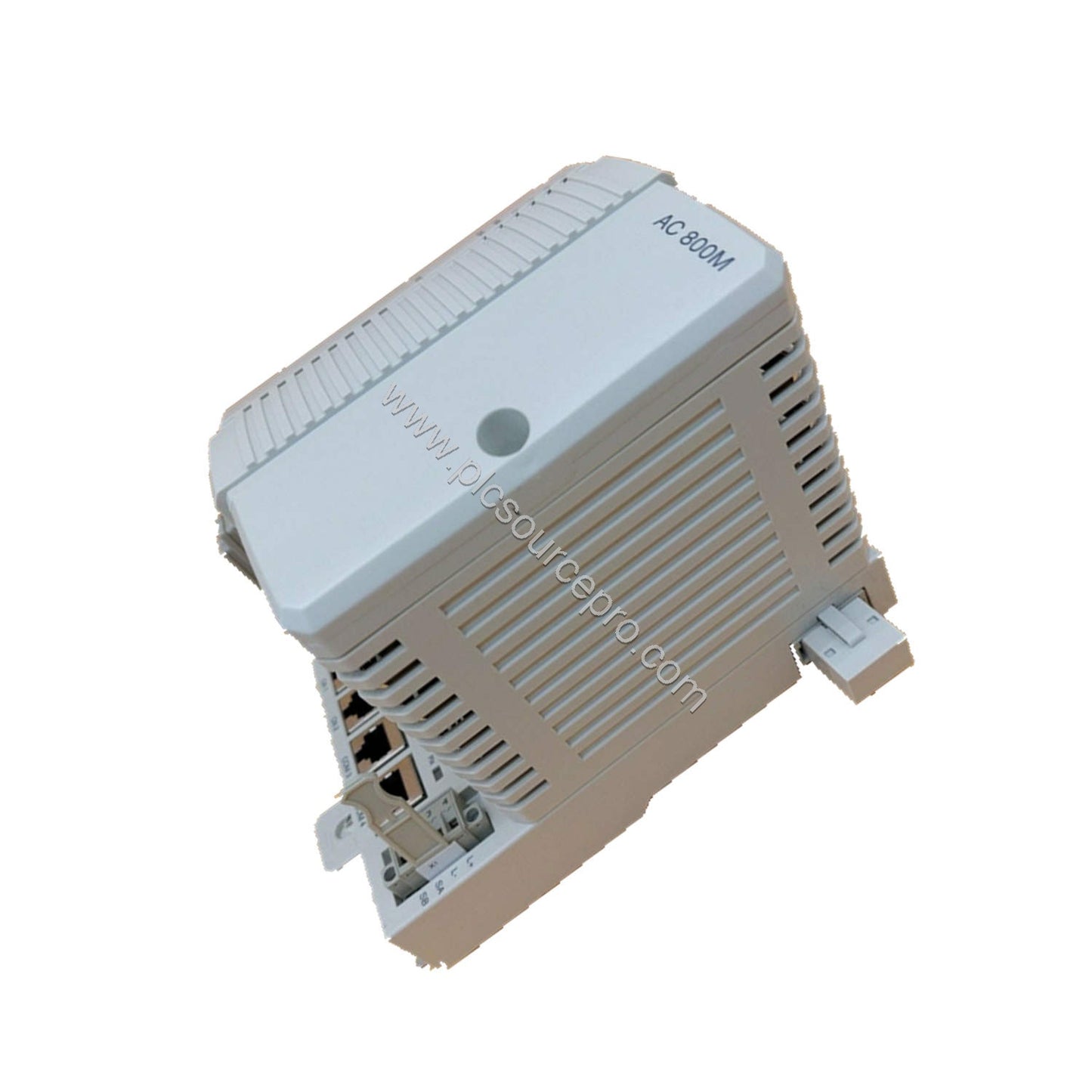 Figure 2: Close-up of the ABB PM860AK01 module's base plate with RJ45 Ethernet and serial ports for network connectivity.