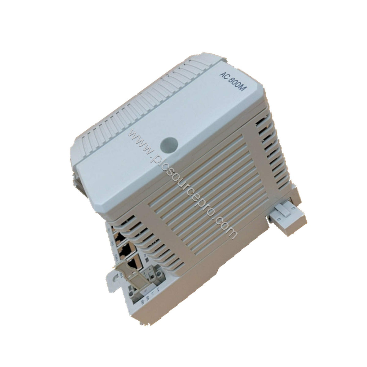 Figure 2: Close-up of the ABB PM860AK01 module's base plate with RJ45 Ethernet and serial ports for network connectivity.