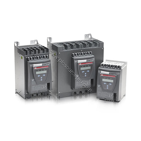 Figure 1: Front view of the GE PST250-600-70 softstarter showing its industrial enclosure, LED indicators, and control termin