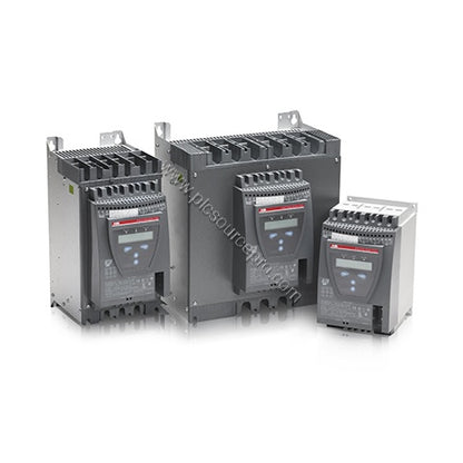 Figure 1: Front view of the GE PST250-600-70 softstarter showing its industrial enclosure, LED indicators, and control termin