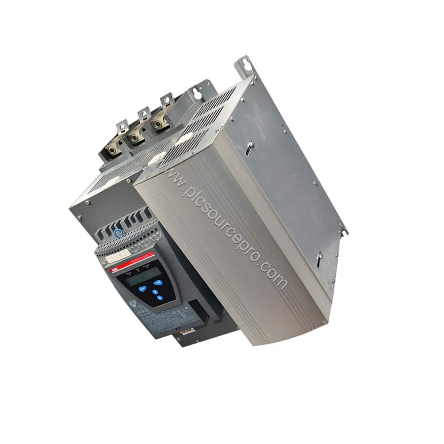 Figure 2: Close-up of the GE PSTB570-600-70 softstarter's main circuit bar terminals and control wiring connections, highligh
