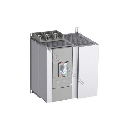 Figure 1: Front view of the GE PSTX300-600-70 softstarter showing its industrial enclosure, graphic display, and control term