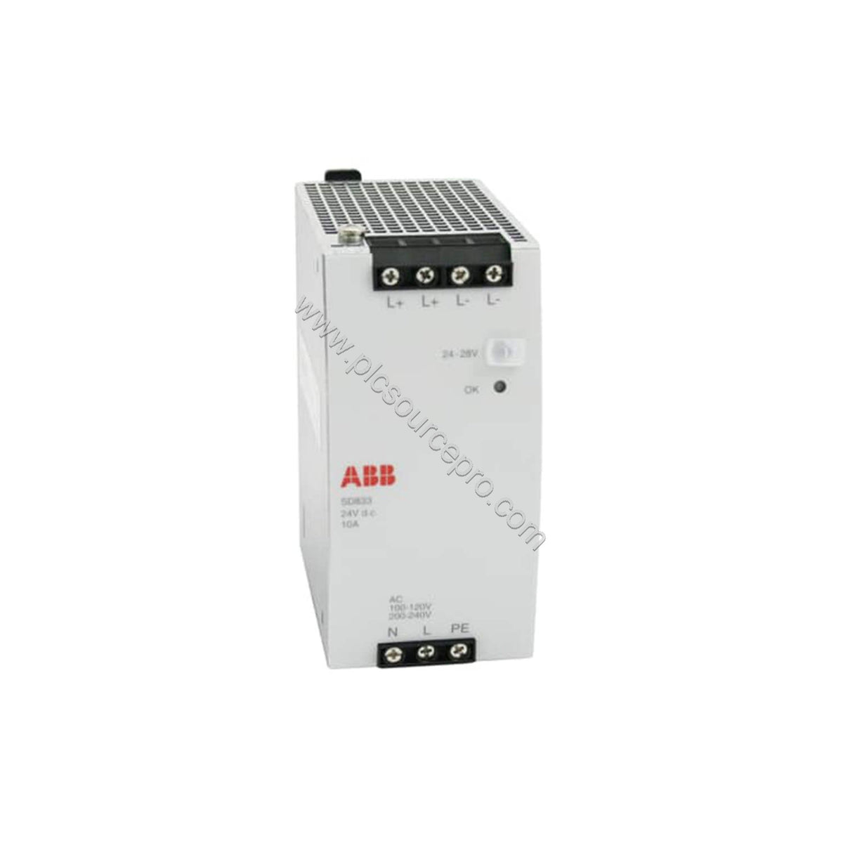 Figure 1: Front view of the ABB SD833 Industrial Automation Module showing its compact DIN-rail mountable enclosure and termi
