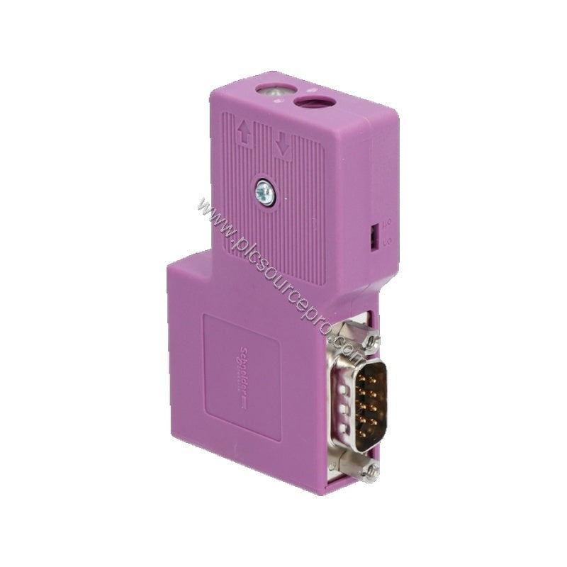 Figure 1: Close-up view of the Schneider TSXCANKCDF90TP CANopen connector showing the 90-degree SUB-D9 female connector and i
