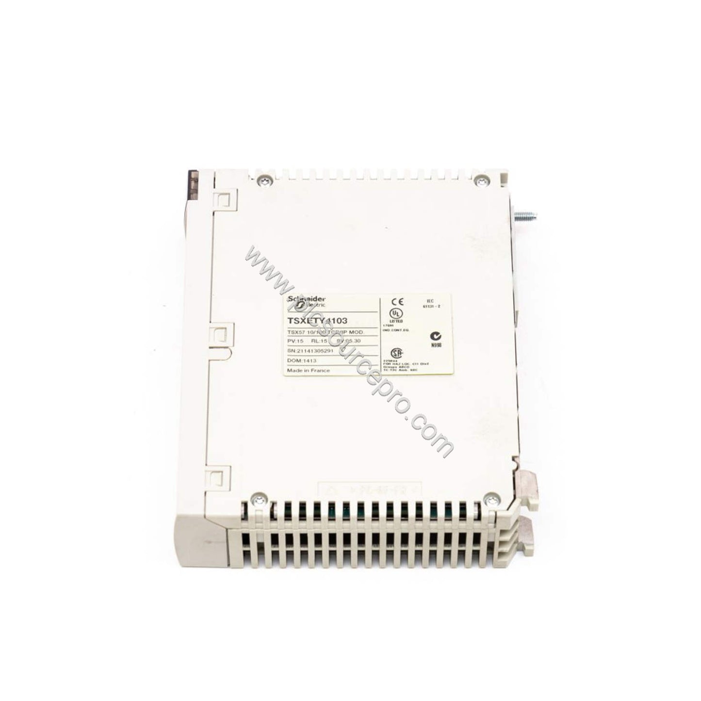Figure 1: Front view of the Schneider TSXETG3021 industrial automation module showing its compact metal enclosure, LED indica