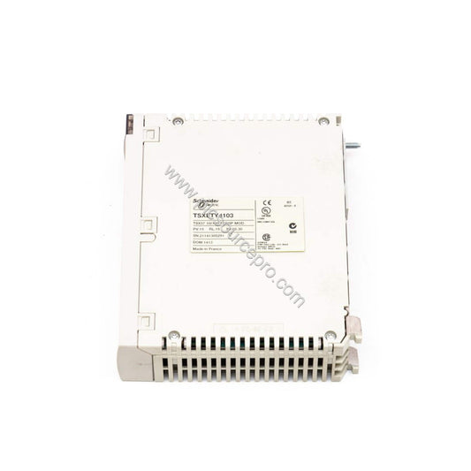 Figure 1: Front view of the Schneider TSXETG3021 industrial automation module showing its compact metal enclosure, LED indica