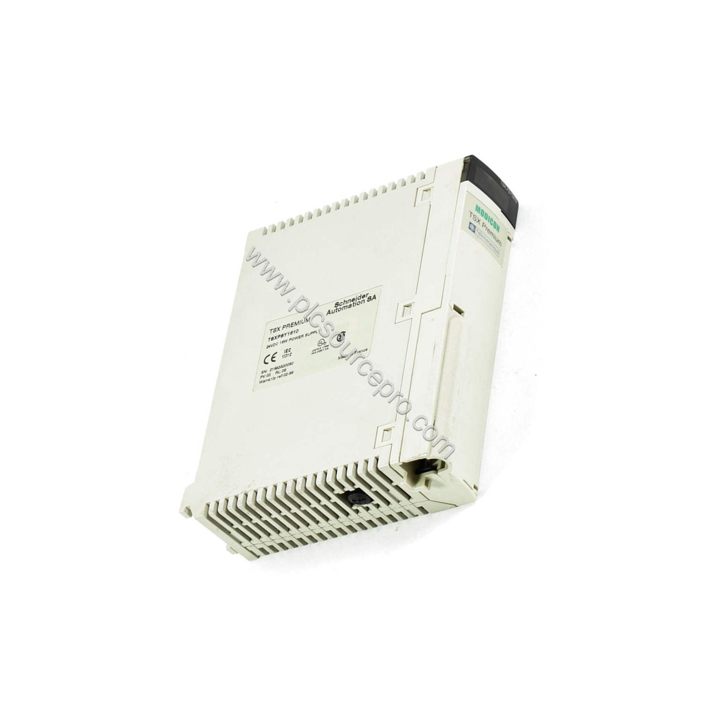 Figure 2: Detail of the Schneider TSXPSY5520MC module connections and conformity markings, including CE label and input volta