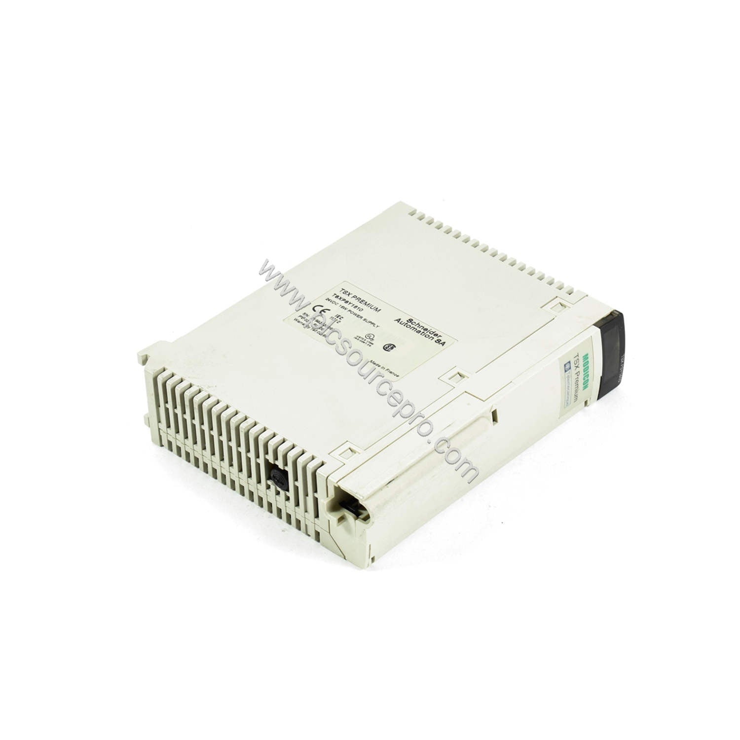Figure 1: Front view of the Schneider TSXPSY5520MC power supply module showing green and red LED indicators and a compact dou