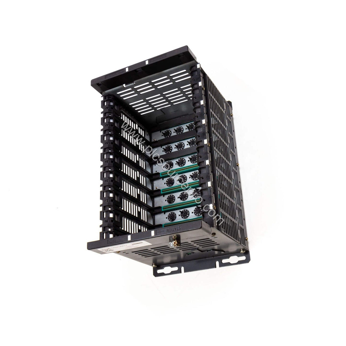 Figure 2: Side angle of the Schneider TSXRKN5 showing the compact backplane design and slot guides for Modicon modules.