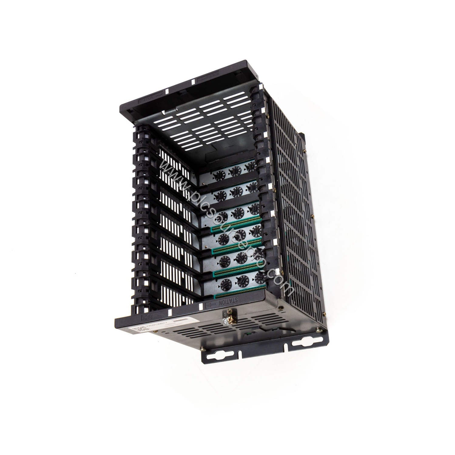 Figure 2: Side angle of the Schneider TSXRKN5 showing the compact backplane design and slot guides for Modicon modules.