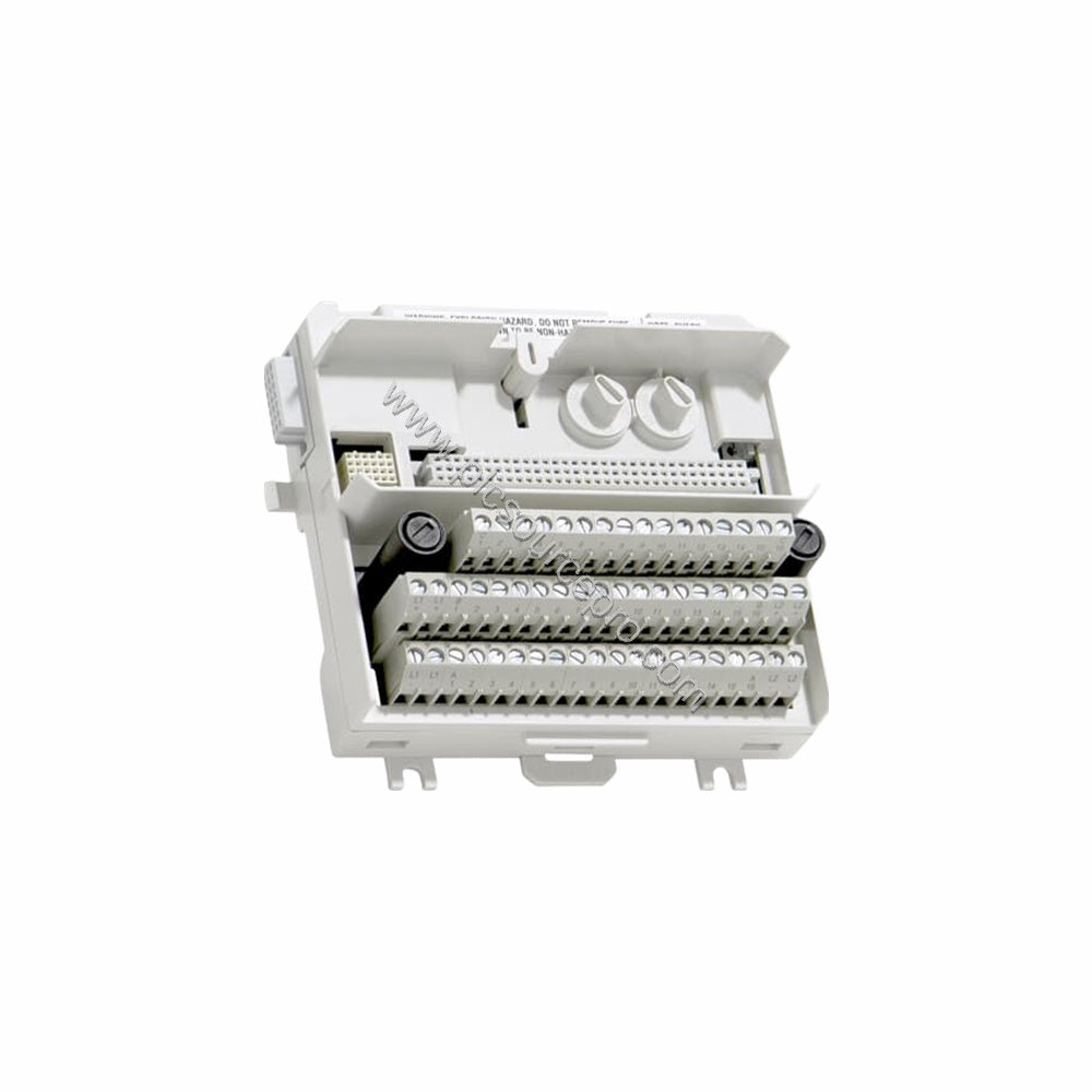 Figure 1: Front view of the ABB TU830V1 Extended Module Termination Unit showing its DIN rail mounting and terminal block lay