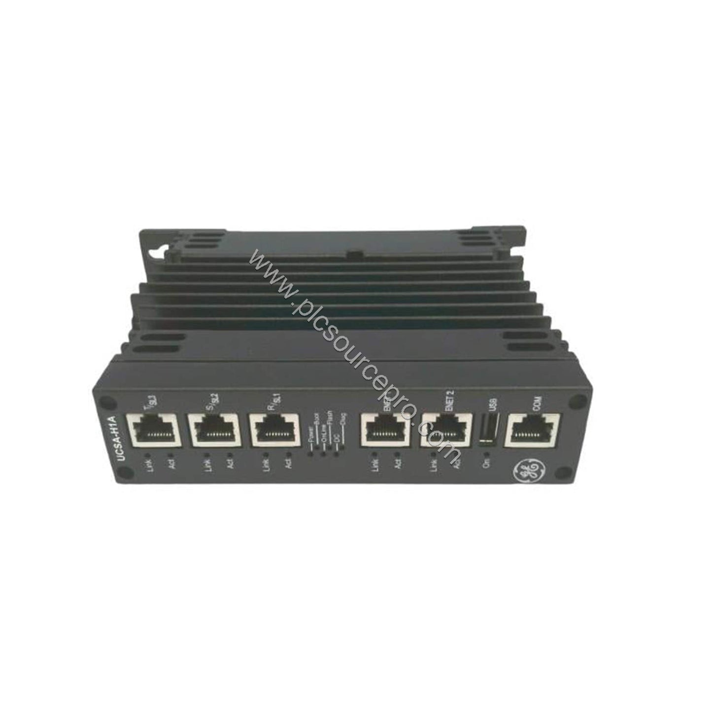 Figure 1: Front view of the GE IS220UCSAH1A Industrial Automation Module showing the faceplate with Ethernet jack connectors,