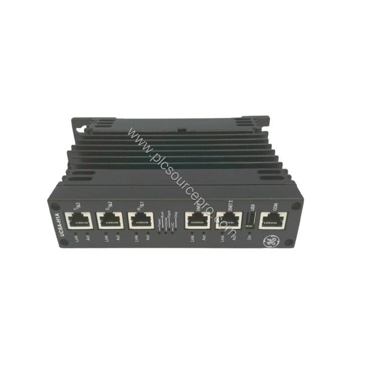Figure 1: Front view of the GE IS220UCSAH1A Industrial Automation Module showing the faceplate with Ethernet jack connectors,