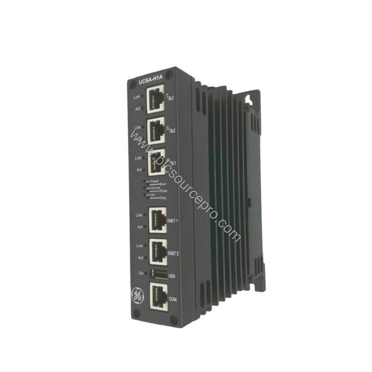 Figure 2: The GE IS220UCSAH1A module's rear edge with two screw mounts and side grills for airflow, designed for cabinet moun