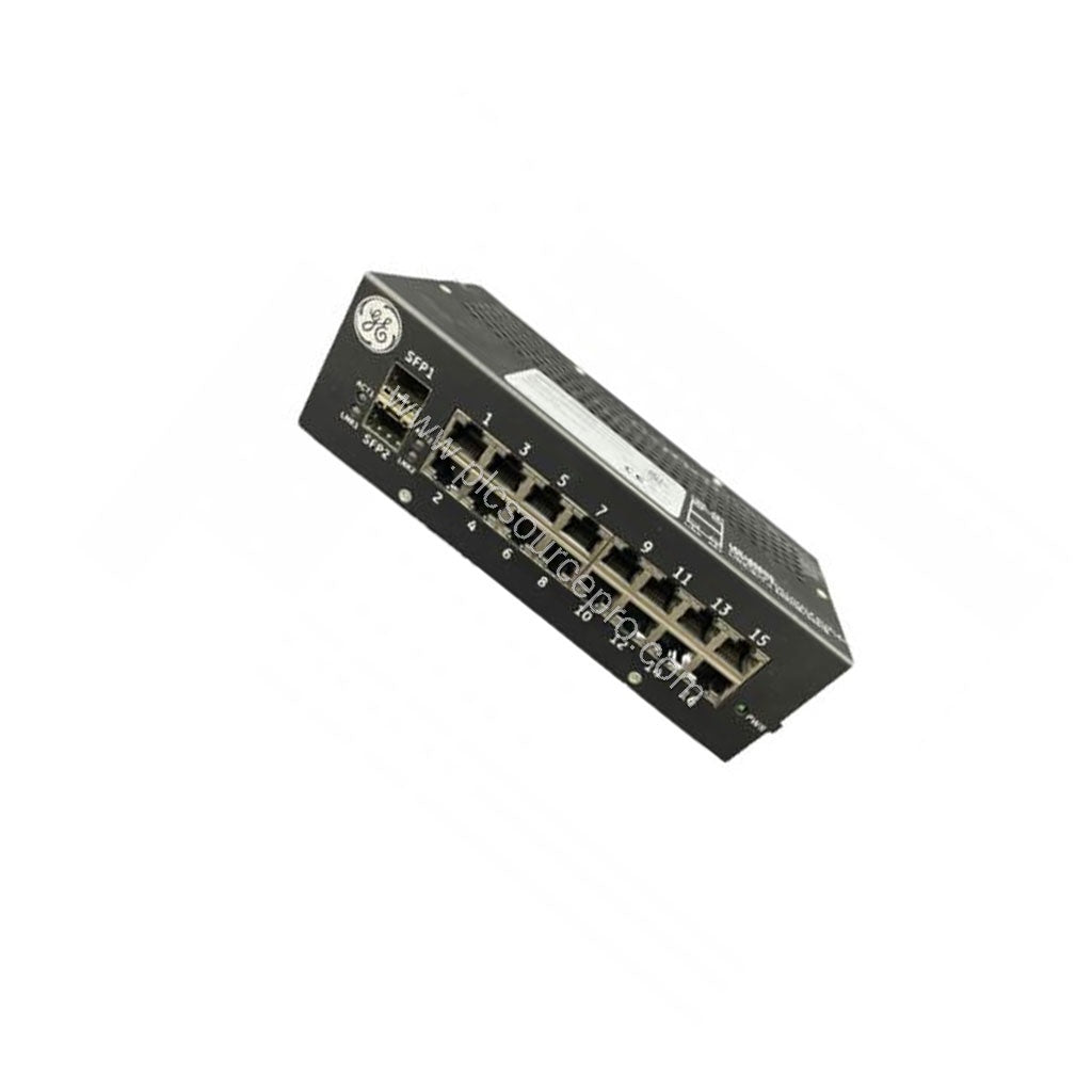 Figure 2: Close-up of the GE IS420ESWBH3AE Ethernet switch highlighting the port LEDs and redundant power input connectors.